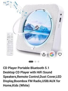 Portable Desktop CD Player Bluetooth 5.1 FM Radio USB AUX Remote White